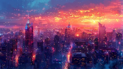 Obraz premium Twinkling city lights reflect off shimmering skyscrapers, creating a captivating, bustling urban landscape that glows with vibrant, colorful energy at night. Watercolor style, high resolution