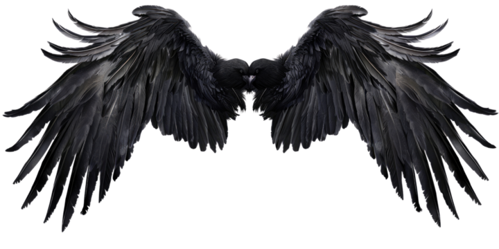 A pair of black feather wings on a transparent, isolated background. Cut out or PNG.
