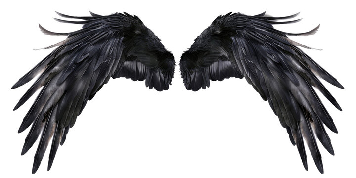 A pair of black feather wings on a transparent, isolated background. Cut out or PNG.