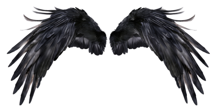 A pair of black feather wings on a transparent, isolated background. Cut out or PNG.
