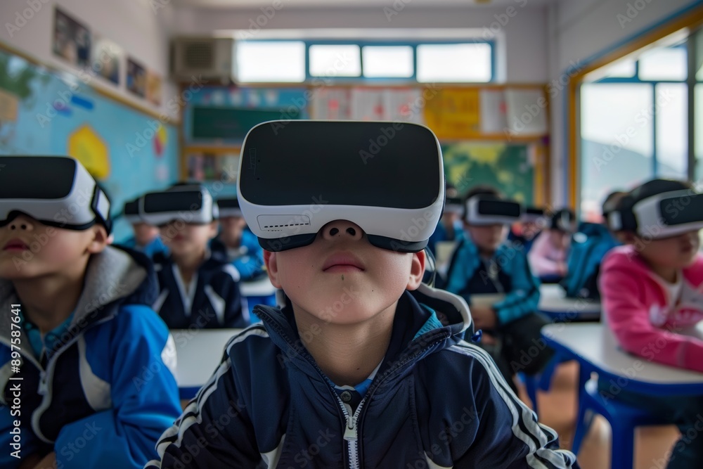 Poster virtual reality transforms geography lesson in modern classroom setting