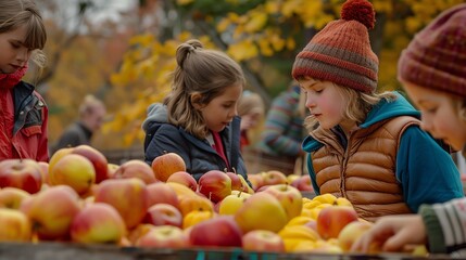 Three young girls are looking at a large pile of apples at an orchard. They are all wearing warm clothes, and it appears to be autumn.