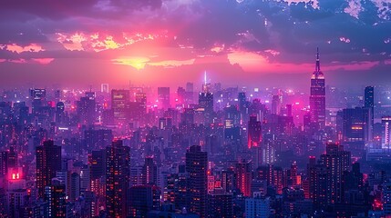 Obraz premium The radiant cityscape at night, illuminated by dazzling, neon-lit buildings and a twinkling skyline, creating a dynamic and vibrant atmosphere that feels both enchanting and futuristic. Watercolor