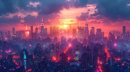 Obraz premium The radiant cityscape at night, illuminated by dazzling, neon-lit buildings and a twinkling skyline, creating a dynamic and vibrant atmosphere that feels both enchanting and futuristic. Watercolor