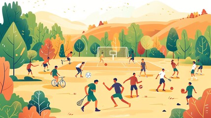 Obraz premium People of all ages are enjoying a beautiful day in the park. They are playing basketball, soccer, tennis, and other sports.