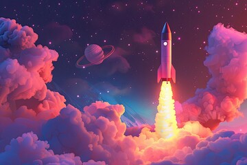 Illustration of a rocket taking off, symbolizing a product launch with a futuristic design