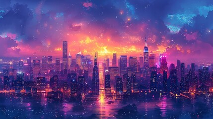 Obraz premium A bustling city skyline at night, glowing with bright, vivid colors and shimmering lights, creating an energetic, picturesque urban landscape that feels both lively and sophisticated. Watercolor