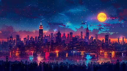 Fototapeta premium A bustling city skyline at night, glowing with bright, vivid colors and shimmering lights, creating an energetic, picturesque urban landscape that feels both lively and sophisticated. Watercolor