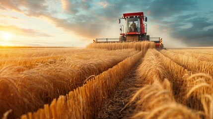 Fototapeta premium Modern agricultural machinery working on a vast field, harvesting crops