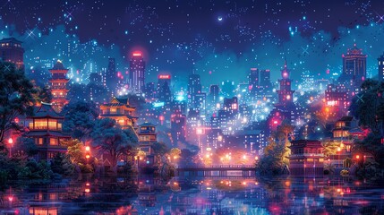 The nocturnal cityscape is alive with vibrant, neon-lit buildings and twinkling lights, creating a captivating and bustling urban atmosphere that glows with radiant energy. Watercolor style, high