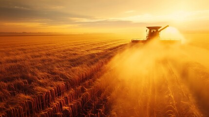 Fototapeta premium Modern agricultural machinery working on a vast field, harvesting crops