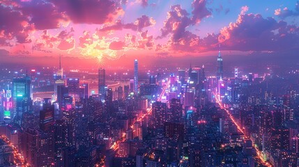 Fototapeta premium The nocturnal cityscape is alive with vibrant, neon-lit buildings and twinkling lights, creating a captivating and bustling urban atmosphere that glows with radiant energy. Watercolor style, high