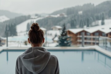 Fototapeta premium Woman in Robe Admires Snowy Mountain View