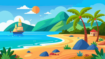 A tropical beach scene with palm trees, sandy shores, and a bright sun. vector illustration