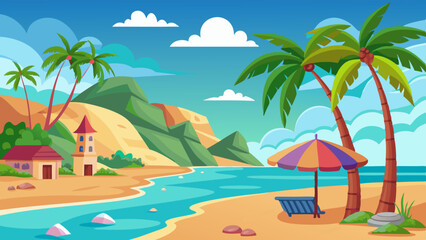 A tropical beach scene with palm trees, sandy shores, and a bright sun. vector illustration