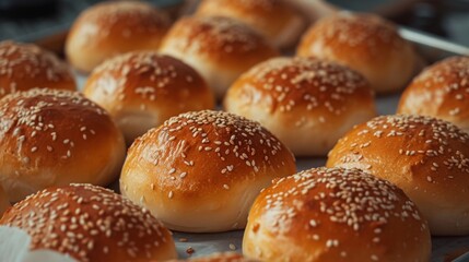 Freshly baked sesame buns, golden brown and sprinkled with sesame seeds