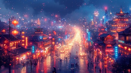 The nocturnal cityscape is alive with vibrant, neon-lit buildings and twinkling lights, creating a captivating and bustling urban atmosphere that glows with radiant energy. Watercolor style, high