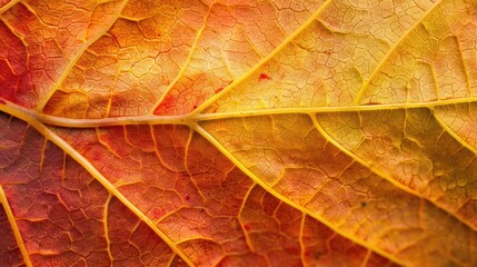 Obraz premium Macro shot of a vibrant autumn leaf, showing detailed veins and textures.