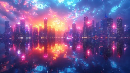 Panoramic view of a bustling city at night, with glowing, colorful lights reflecting off sleek skyscrapers and creating a dynamic, vibrant urban landscape. Watercolor style, high resolution