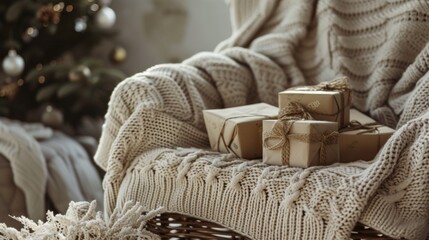 Obraz premium A cozy, chunky knit sweater draped over a chair, with a few small