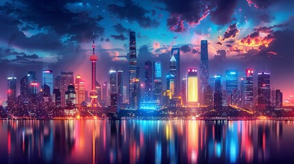 Obraz premium Panoramic view of a bustling city at night, with glowing, colorful lights reflecting off sleek skyscrapers and creating a dynamic, vibrant urban landscape. Watercolor style, high resolution