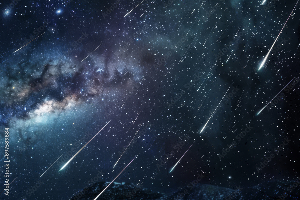 Wall mural an image showcasing a spectacular meteor shower lighting up the night sky, with streaks of meteorite