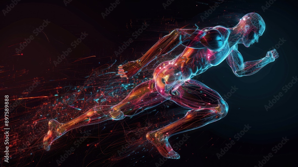 Poster a digital rendering of a human figure running, constructed of neon lines and particles on a black ba