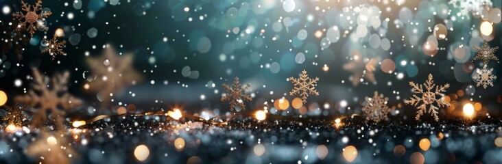 Winter Snowfall With Pine Branch and Glittering Snowflake Ornament