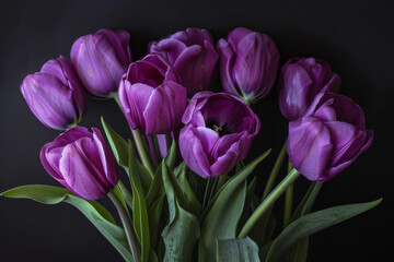 An image depicting purple tulips as a symbol of royalty and nobility, possibly arranged in a regal setting or as part of a luxurious bouquet - Generative AI