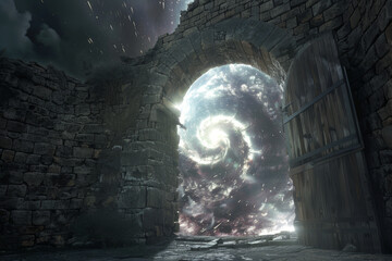 A visual of a time rift opening in a medieval castle courtyard, blending the historical setting with the sudden appearance of a swirling time portal - Generative AI