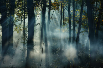 The natural beauty of a forest at dawn, with mist resembling smoke gently enveloping the trees - Generative AI
