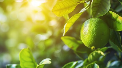 Vibrant green lime hanging from a tree branch