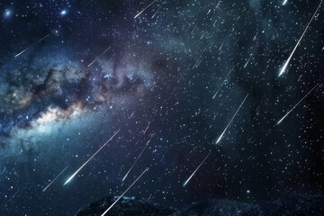 An image showcasing a spectacular meteor shower lighting up the night sky, with streaks of meteorites creating a breathtaking celestial display - Generative AI