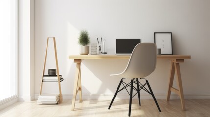 3D rendering of a minimalist workspace with a wooden desk in a Scandinavian style
