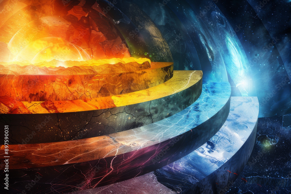 Wall mural a conceptual journey towards the earth's core, with layers such as the crust, mantle, outer core, an