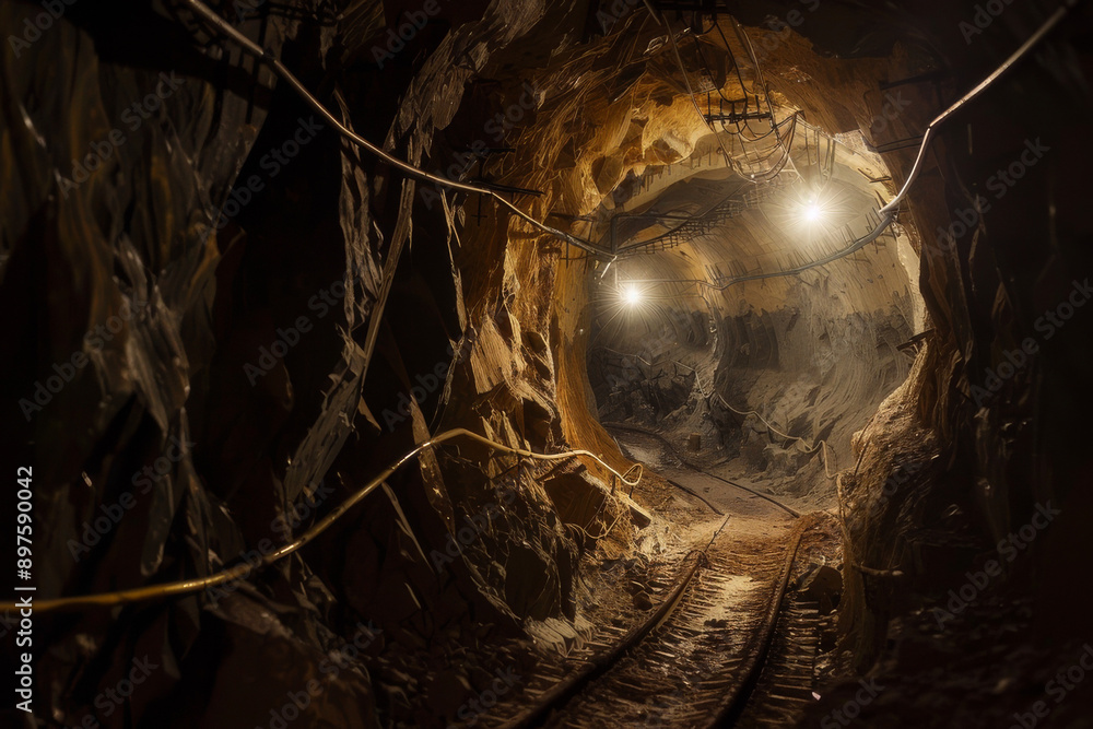 Wall mural an image depicting the dark, confined spaces of an underground mine - generative ai