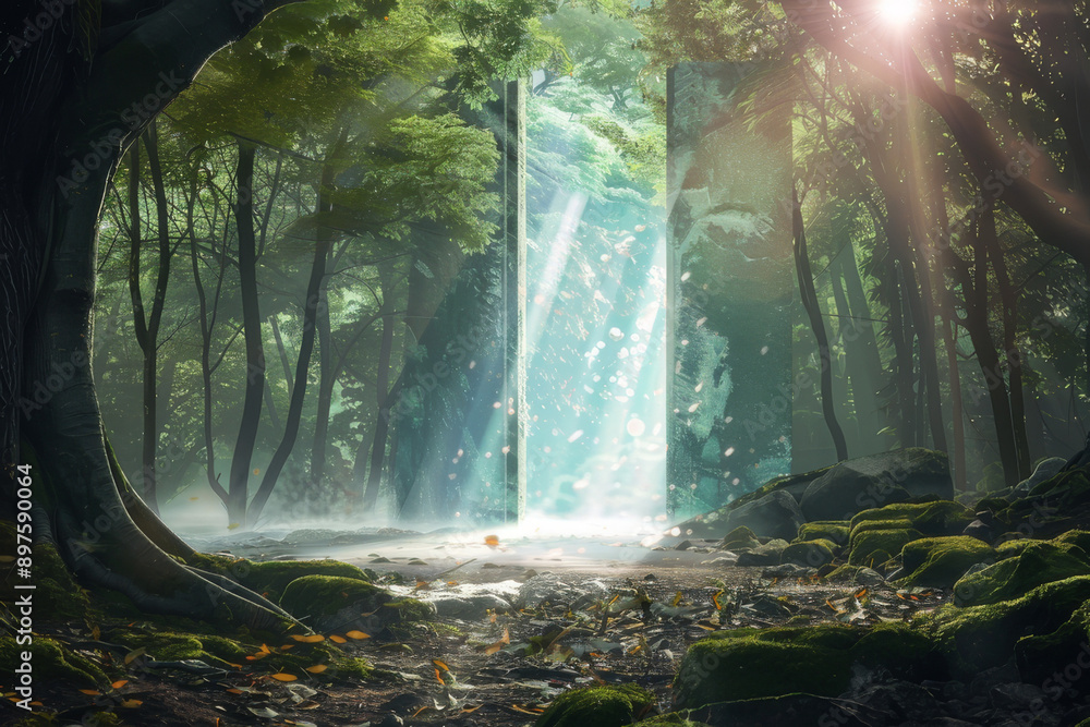 Canvas Prints the serene beauty of a natural forest setting where a time portal suddenly appears, combining the tr