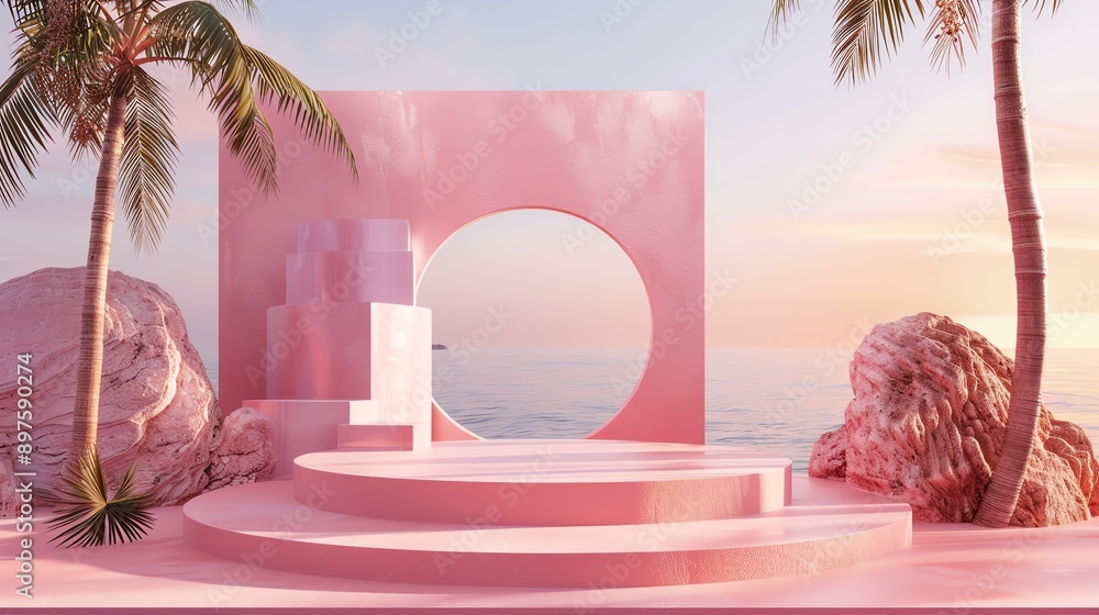 Aufkleber this is a 3d rendering of a pink and blue podium or stage with a large round portal in the back.