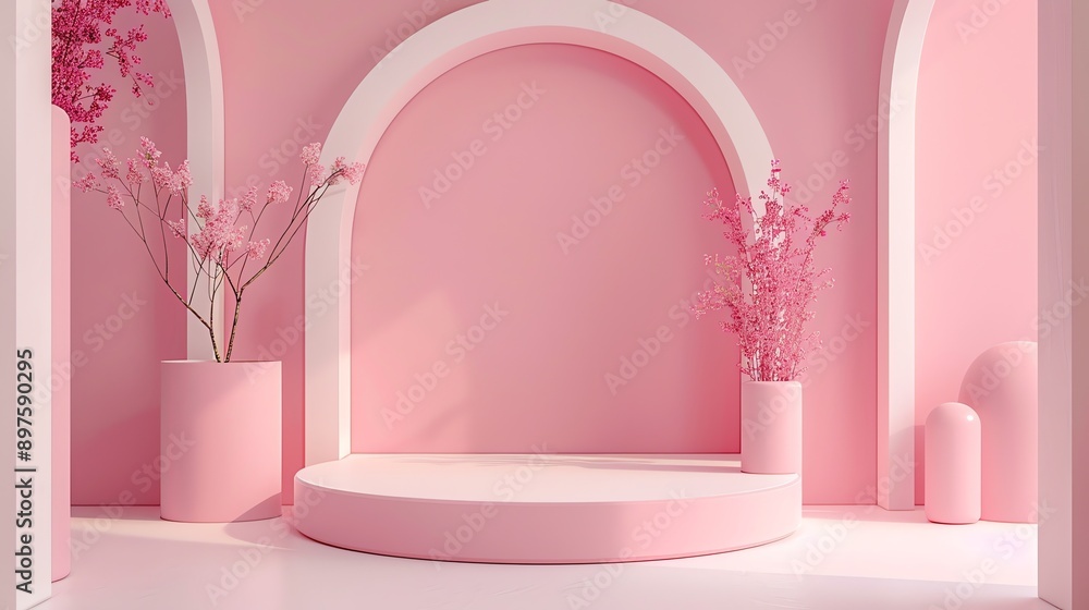 Poster this is a 3d rendering of a pink podium with a pink background. there are two pink trees with pink f