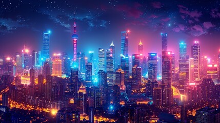 Obraz premium Panoramic view of a bustling city at night, with glowing, colorful lights reflecting off sleek skyscrapers and creating a dynamic, vibrant urban landscape. Watercolor style, high resolution