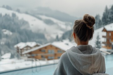 Fototapeta premium Woman in Robe Admires Snowy Mountain View
