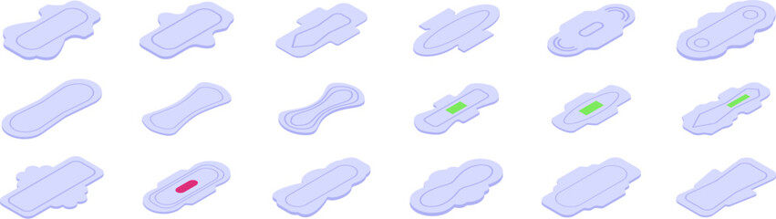 Sanitary napkins icons set. Set of sanitary pads with wings isometric icons for web design isolated on white background