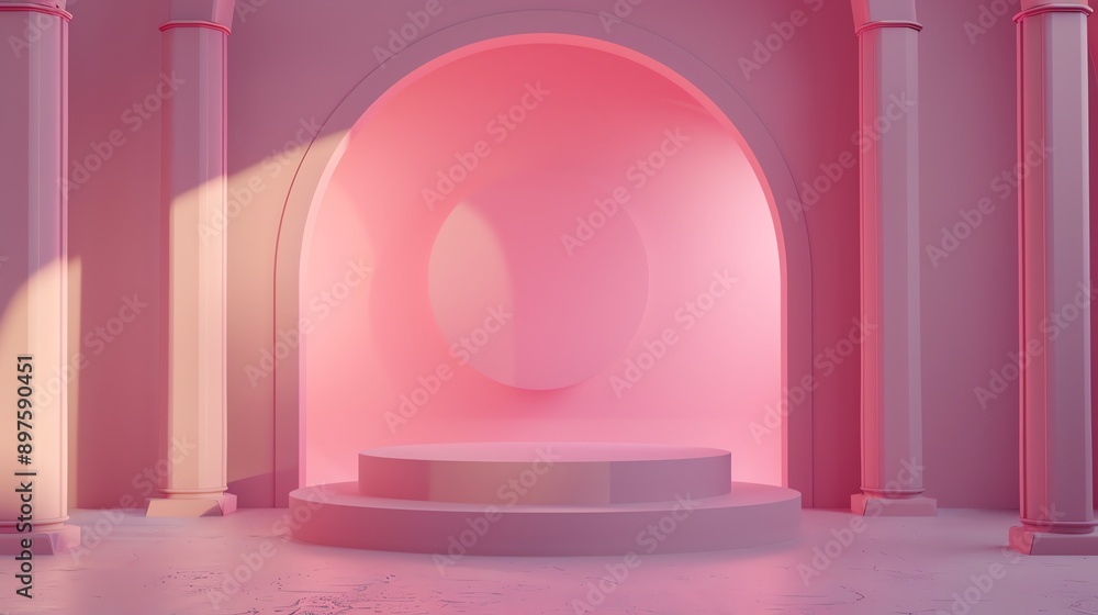 Poster this is a 3d rendering of a pink podium in a pink room with columns. the podium is lit by a soft pin
