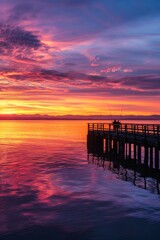Obraz premium Serene Coastal Fishing at Sunset with Vibrant Sky Reflections - Perfect for Posters or Cards