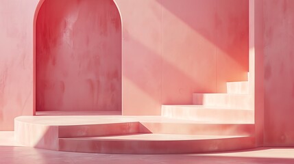 This is a 3D rendering of a pink room with a curved wall and a staircase. The room is lit by a soft pink light.