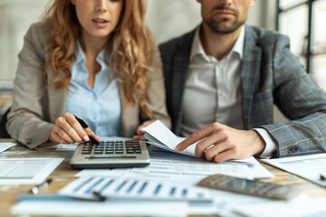 Fototapeta premium Close-up of beautiful businesswoman and handsome man calculating tax at office desk, surrounded by paperwork and financial documents.