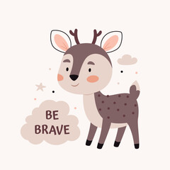 Fototapeta premium Untitled-2Cute little deer.Text Be brave. Cute cartoon Bohemian Scandi nursery posters in beige and gray colors. Boho vector print
