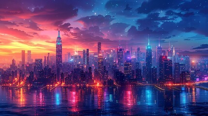 Fototapeta premium The radiant cityscape at night, illuminated by dazzling, neon-lit buildings and a twinkling skyline, creating a dynamic and vibrant atmosphere that feels both enchanting and futuristic. Watercolor