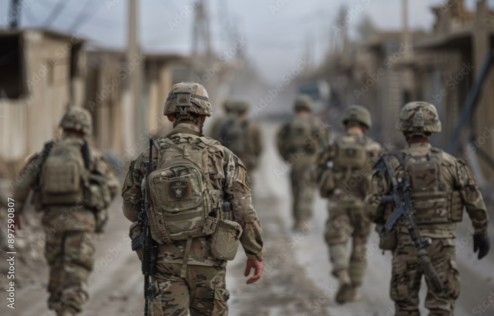 Wall mural Soldiers Walking Through War-Torn City