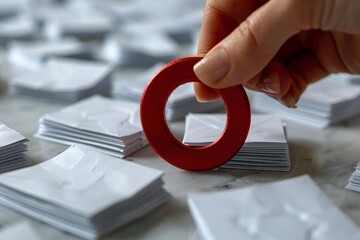 Beautiful close-up shot of a person's hand holding a red horseshoe magnet attracting paper candidates on a white background.